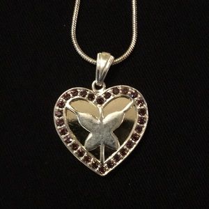 NWOT silver toned heart w butterfly necklace.